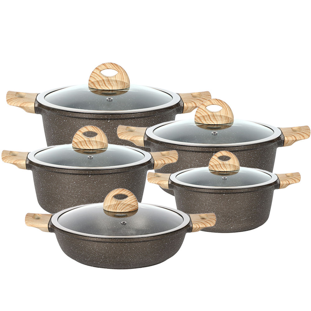 10pcs 28cm shallow casserole with wooden color handles and knob