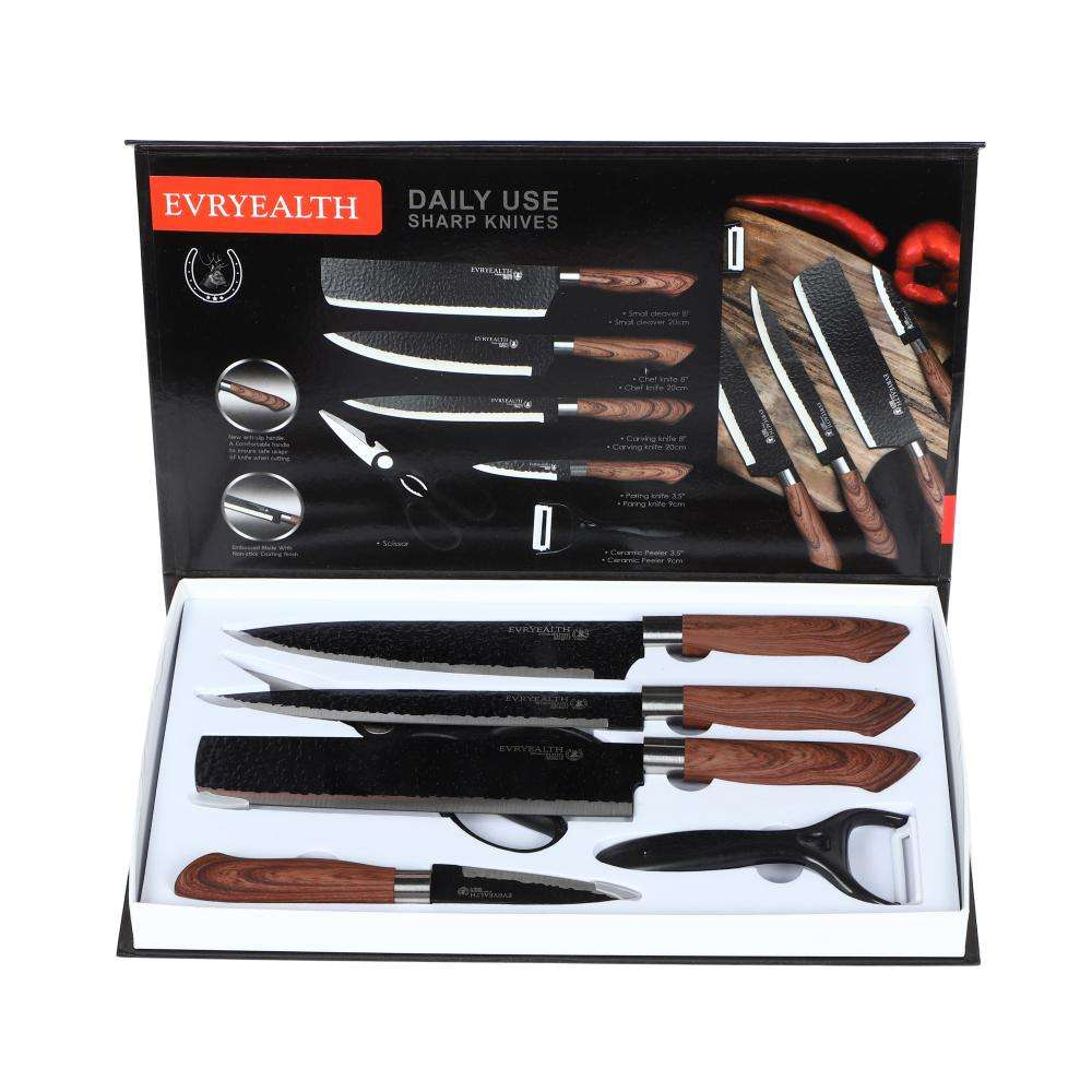 6pcs black kitchen knife sets with wooden handle
