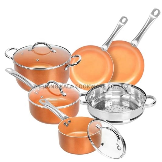 10pcs copper pan with 16cm sauce pot with lid / 20cm sauce pot with lid/ 20cm fry pan/ 24cm fry pan with lid/ 26cm casserole pan