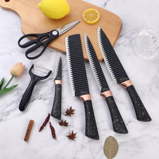 6pcs black and gold marble knife sets