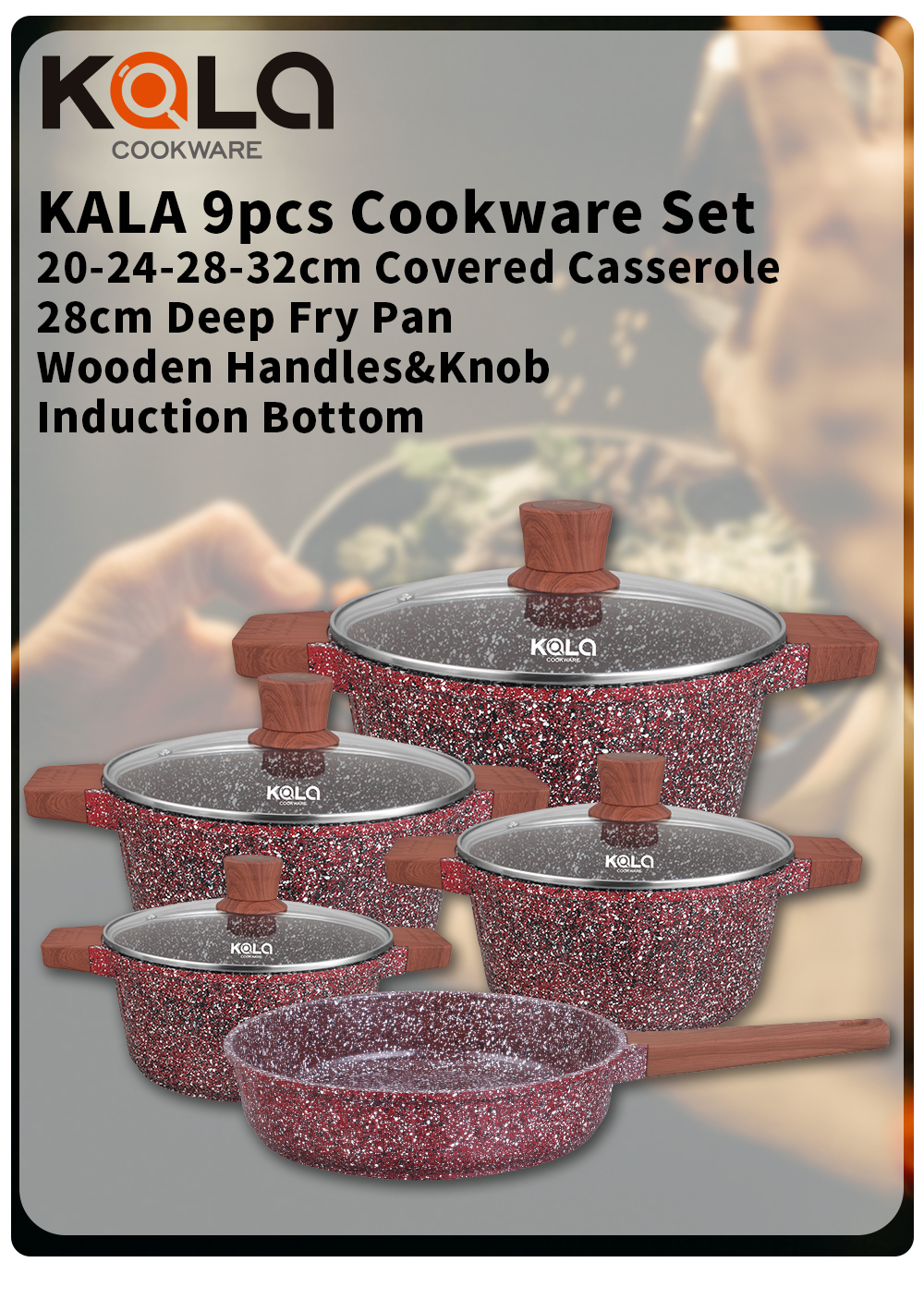 KALA covered  Casserole wooden handles&knob Red/Grey